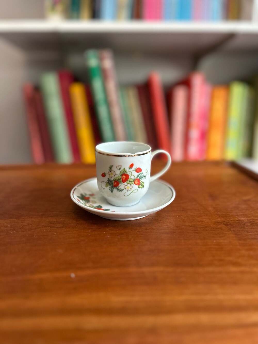 Vintage 1978 Avon Fine Porcelain Strawberry Demitasse Cup & Saucer 22K Gold Trim